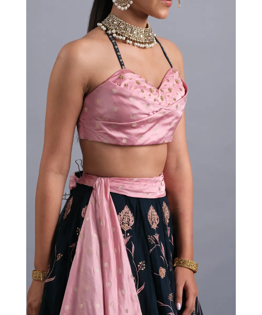 AASTHA SOOD - Midnight blue embroidered Organza Lehenga
